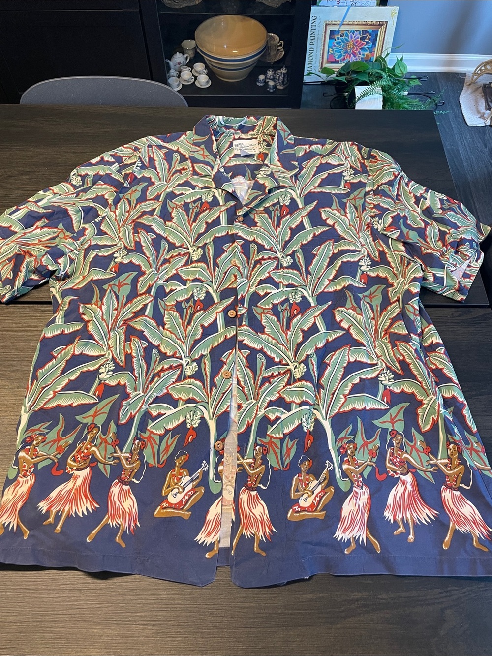 Diamond  Navy Hawaiian Button-Down Shirt with Green & Red Print